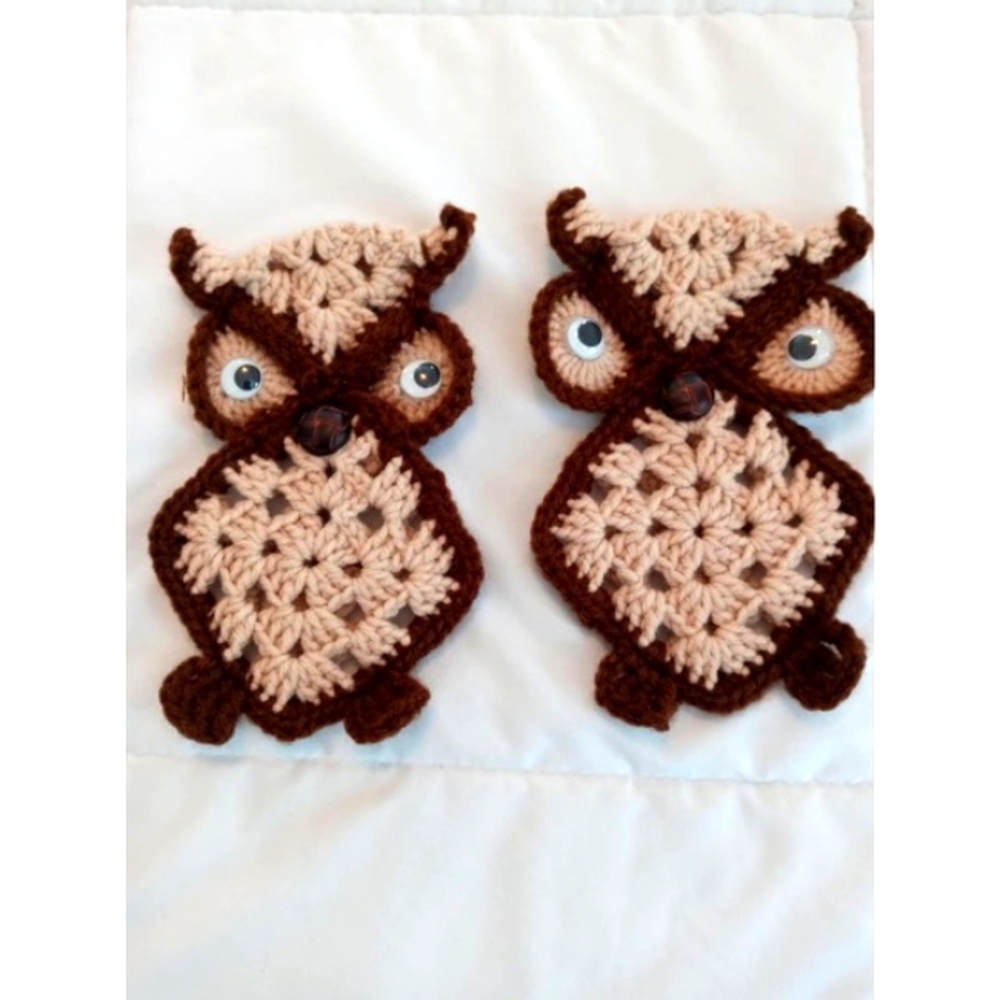 Set of 2 Vintage Crochet Owl Magnets Handmade